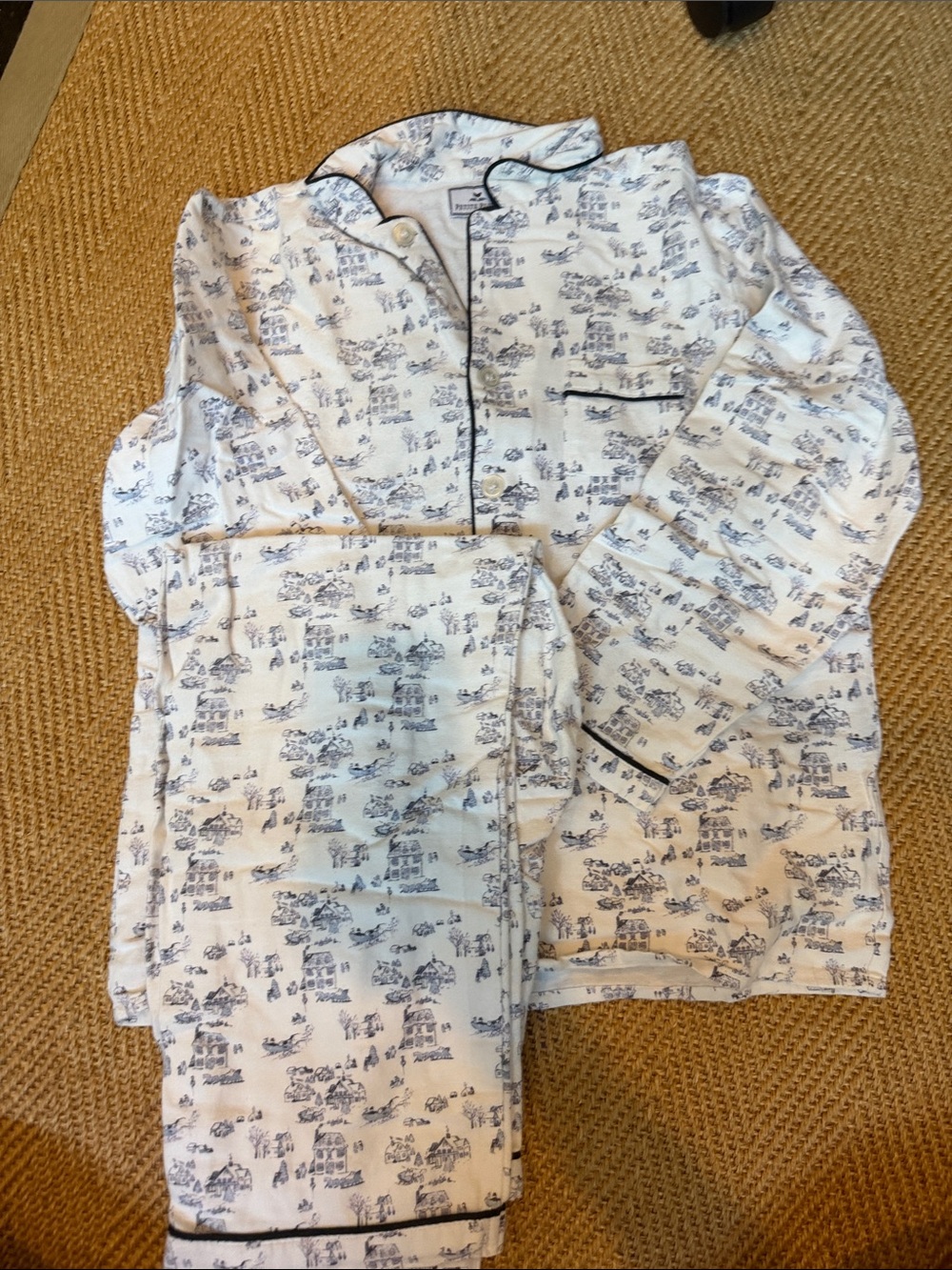 Kids Petite Plume Cream Pajama Set with Navy Toile Print and Contrast Piping